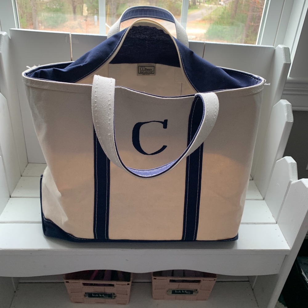 L.L. Bean Canvas Tote Bag in Cream and Navy